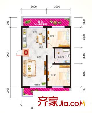 青云尚筑1號樓標準層D-1戶型97.65 2室2廳1衛(wèi)1廚