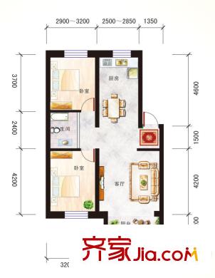 青云尚筑2號樓標準層D-2戶型82.55 2室2廳1衛(wèi)1廚