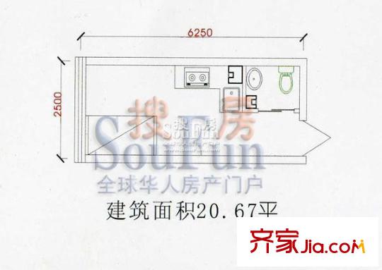 中央億品戶型圖自由度國際青年公寓 1室1廳1衛(wèi)1廚