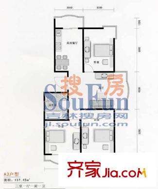 富海麗苑戶型圖A3戶型 3室1廳1衛(wèi)1廚