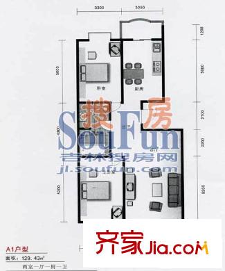 富海麗苑戶型圖A1戶型 2室1廳1衛(wèi)1廚