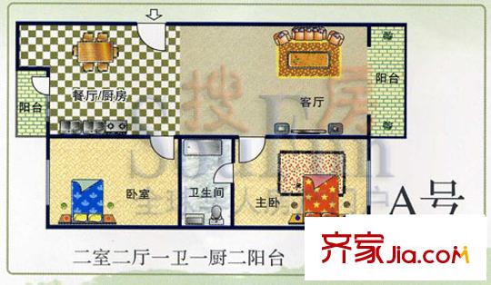 秀苑華庭戶型圖丁類A號 2室2廳1衛(wèi)1廚