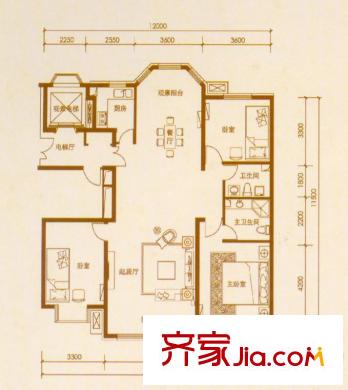 江南壹平方米戶型圖B-a戶型圖 3室2廳2衛(wèi)