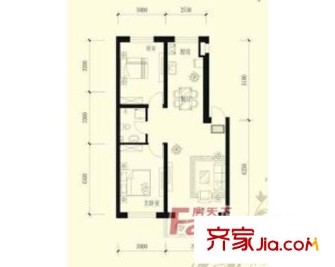 江畔小鎮(zhèn)戶型圖 2室2廳1衛(wèi)1廚88.62平方米