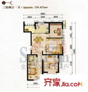新天地公寓戶型圖2C 3室2廳1衛(wèi)1廚
