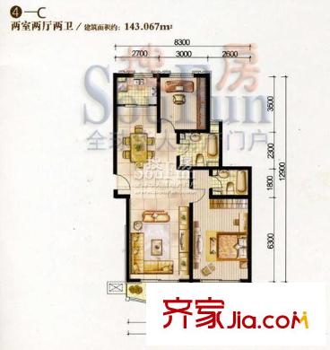 新天地公寓戶型圖4C 2室2廳2衛(wèi)1廚