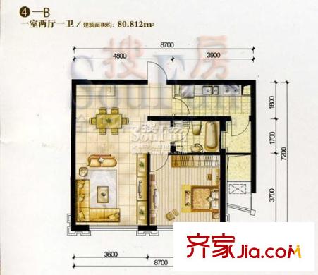 新天地公寓戶型圖4B 1室2廳1衛(wèi)1廚