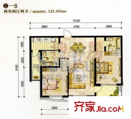新天地公寓戶型圖2B 2室2廳2衛(wèi)1廚