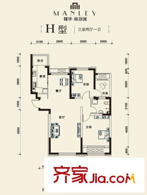 神華萬利城高層12號樓標準層H戶型 3室2廳1衛(wèi)1廚