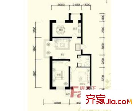 江畔小鎮(zhèn)戶型圖 2室2廳1衛(wèi)1廚93.00平方米