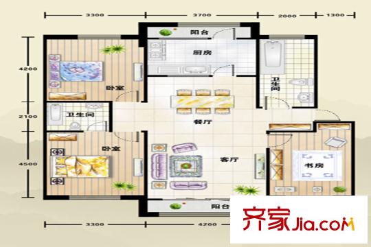望云山景一期1-25號樓標(biāo)準(zhǔn)層戶型圖 3室2廳2衛(wèi)1廚