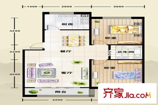 望云山景一期1-25號樓標(biāo)準(zhǔn)層戶型圖  2室2廳1衛(wèi)1廚