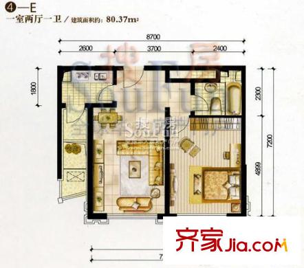 新天地公寓戶型圖4E 1室2廳1衛(wèi)1廚