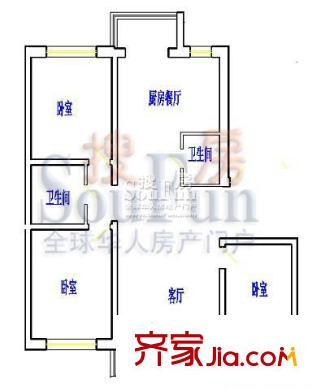 大唐佳園戶型圖4號樓一單元右門 3室1廳2衛(wèi)1廚