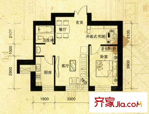 伯爵盛世紀(jì)B戶型圖 2室2廳1衛(wèi)1廚