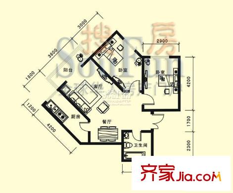 卓越方舟戶型圖A戶型 2室2廳1衛(wèi)1廚
