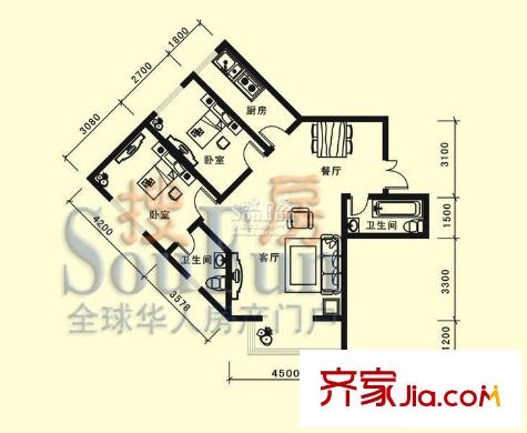卓越方舟戶型圖B戶型 2室2廳2衛(wèi)1廚