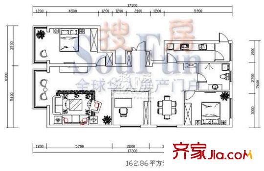 五星國際城戶型圖 3室2廳1衛(wèi)1廚