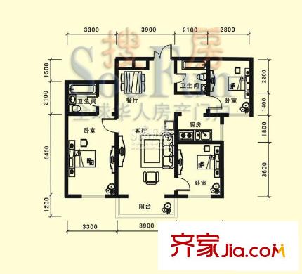 卓越方舟戶型圖C戶型 3室2廳2衛(wèi)1廚