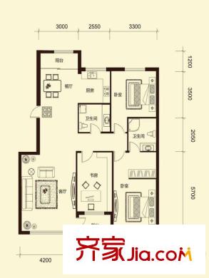 桃源山莊峰景戶型圖 3室2廳1衛(wèi)1廚