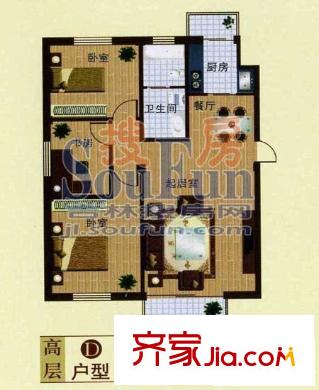 華隆尚都東郡戶型圖高層D戶型 3室2廳1衛(wèi)1廚