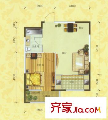 紫光紳苑二期19、20號(hào)樓F2戶型圖 1室2廳1衛(wèi)