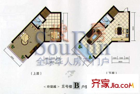 昌茂花園戶型圖五號(hào)樓B戶型 2室2廳2衛(wèi)1廚