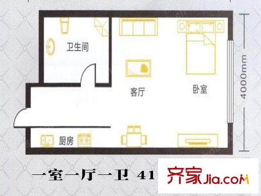 漢陽新居高層標(biāo)準(zhǔn)層一室一廳一衛(wèi) 41.28平戶型圖 1室1廳1衛(wèi)1廚