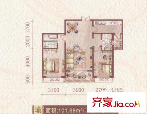 大唐天下江山一期2號(hào)樓標(biāo)準(zhǔn)層瑜戶型圖 2室2廳2衛(wèi)