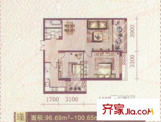 大唐天下江山一期1、2、3、4號(hào)樓標(biāo)準(zhǔn)層瑾戶型圖 2室2廳1衛(wèi)