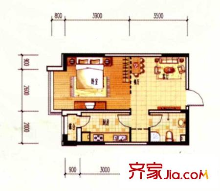 恒隆通潭富苑1號樓3-31層H1戶型 1室1廳1衛(wèi)1廚