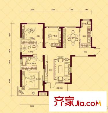中海?紫御江城高層 7#8#樓 標(biāo)準(zhǔn)層 御峰C1戶(hù)型 3室2廳2衛(wèi)1廚