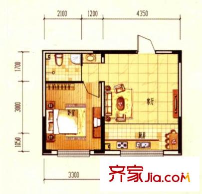 恒隆通潭富苑3,4號樓3-10層B戶型 1室1廳1衛(wèi)1廚