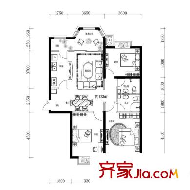 中海?紫御東郡高層  B7/B8號(hào)樓 標(biāo)準(zhǔn)層 B2戶型圖 3室2廳2衛(wèi)1廚