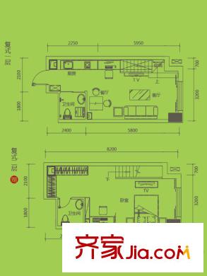 興田上城7號樓A座31-35層,B座29-34層復式B3戶型 1室2廳2衛(wèi)
