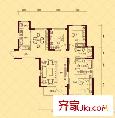 中海?紫御江城高層 8#樓 標(biāo)準(zhǔn)層 御峰C2戶(hù)型 3室2廳2衛(wèi)1廚
