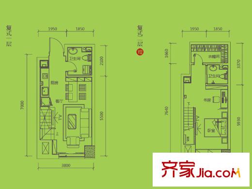 興田上城7號樓A座31-35層,B座29-34層復式B7戶型 1室2廳2衛(wèi)