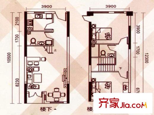 西山香麓二期標(biāo)準(zhǔn)層復(fù)式戶(hù)型圖 2室2廳2衛(wèi)1廚