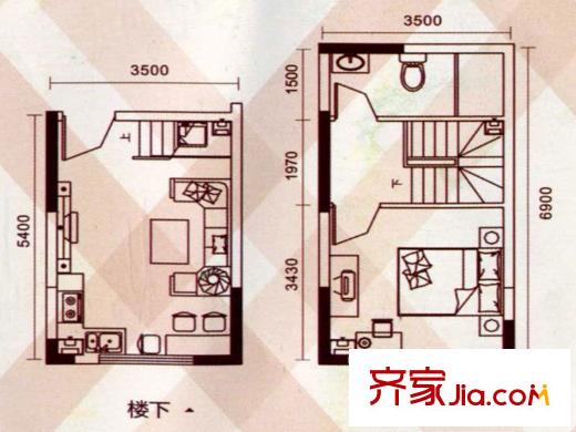西山香麓二期標(biāo)準(zhǔn)層復(fù)式戶(hù)型圖 1室1廳1衛(wèi)1廚