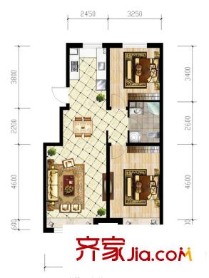 江山印象2號樓B戶型 2室2廳1衛(wèi)1廚