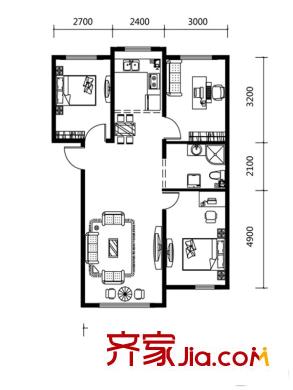 盈勝三千院10號樓 標(biāo)準(zhǔn)層 D戶型 3室2廳1衛(wèi)1廚