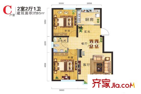 金地紅大藍(lán)灣高層4#5#標(biāo)準(zhǔn)層C戶型 2室2廳1衛(wèi)1廚