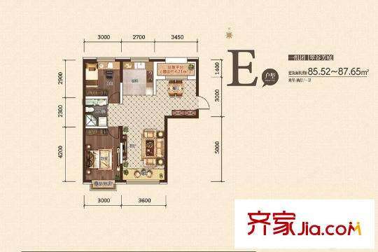 廊橋郡二期?依山郡高層 7號樓E戶型 2室2廳1衛(wèi)1廚