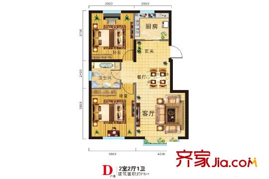 金地紅大藍(lán)灣高層4#5#標(biāo)準(zhǔn)層D戶型 2室2廳1衛(wèi)1廚