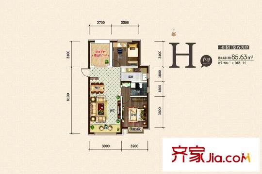 廊橋郡二期?依山郡小高 8、9號樓H戶型 2室2廳1衛(wèi)1廚