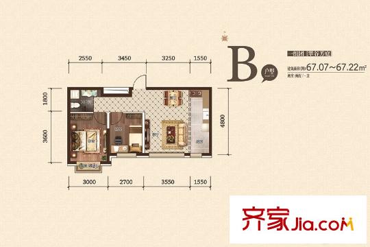 廊橋郡二期?依山郡高層 7號樓 B戶型 2室2廳1衛(wèi)1廚
