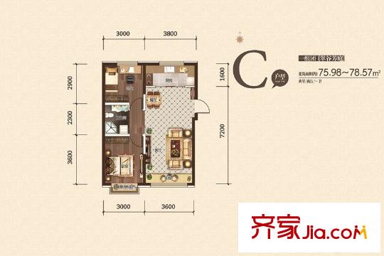 廊橋郡二期?依山郡高層 8、9號樓 C戶型 2室2廳1衛(wèi)1廚