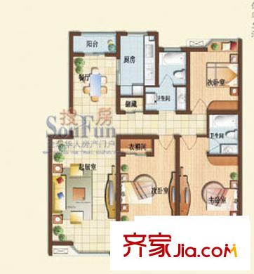 双隆明珠隆舜园户型图D 3室2厅2卫