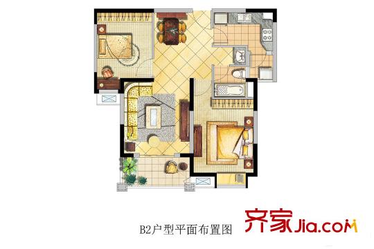 宝龙香槟湖B2户型 2室2厅1卫1厨