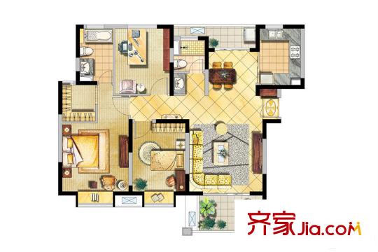 宝龙香槟湖A1户型 3室2厅2卫1厨